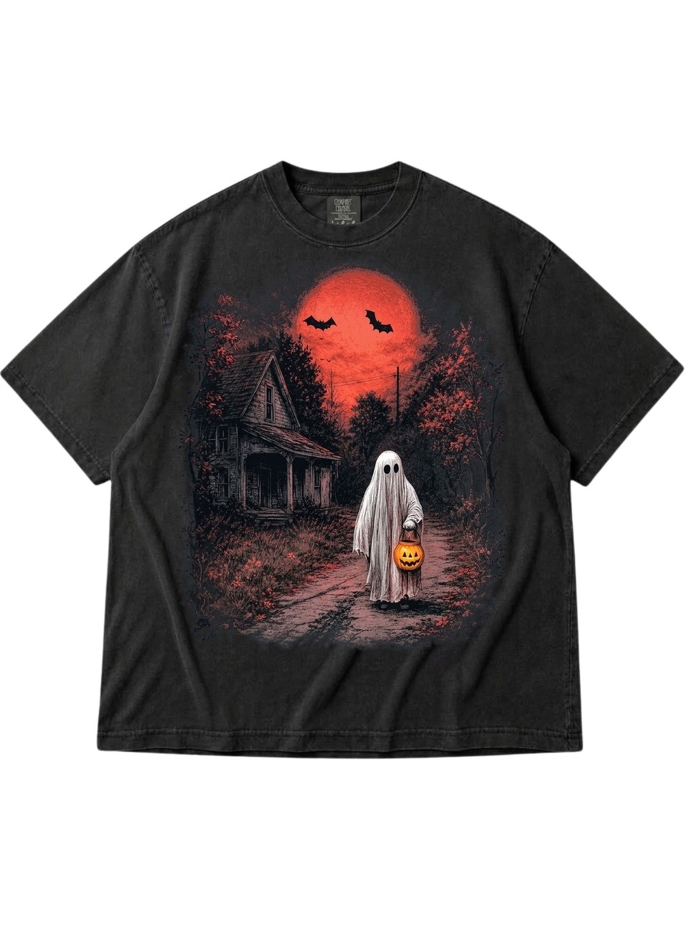 Comfort Colors Black Halloween Ghost Tee with Orange Moon Graphic